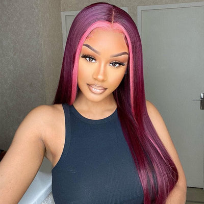 Stunk Stripe 13x4/4x4 HD Lace Wig 99J Burgundy Hair With Pink Streaks Highlight Straight Hair Lace Front Wig 100% Human Hair Lace Closure Wig - Geeta Hair - GeetaHair