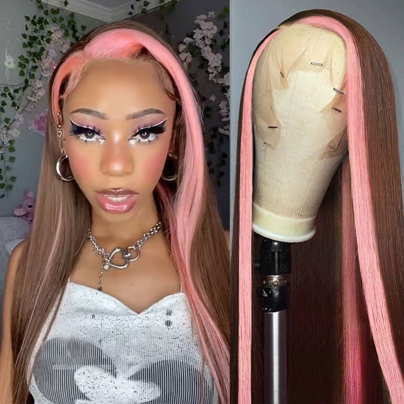 Skunk Stripe 13x4 Lace Front Wig #4 Chocolate Color With Pink Streaks Straight Hair HD Lace Wig 100% Human Hair With Free Part Lace Frontal - Geetahair - GeetaHair