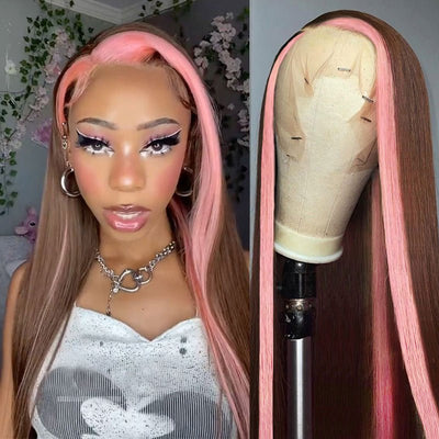 Skunk Stripe 13x4 Lace Front Wig #4 Chocolate Color With Pink Streaks Straight Hair HD Lace Wig 100% Human Hair With Free Part Lace Frontal - Geetahair - GeetaHair