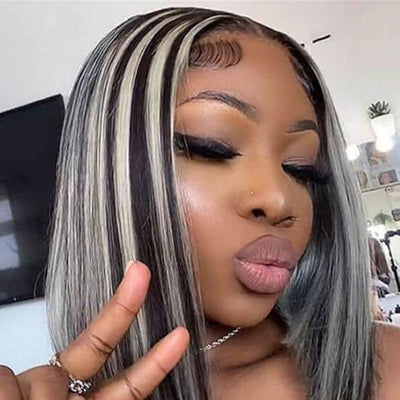 Platinum Highlight Grey 13x4/4x4 Lace Front Bob Wigs Highlights Color Brazilain Straight Human Hair Wigs - GeetaHair