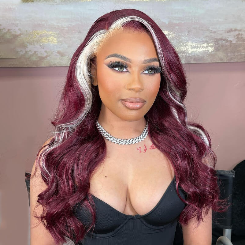 13x4 Lace Frontal Skunk Stripe Wig #613/99J Burgundy Color Highlight Body Wave/Straight Hair Lace Front Wigs - GeetaHair - GeetaHair