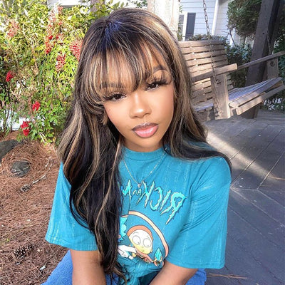 Highlight Brown Body Wave Human Hair Wigs with Bangs Colored HD Transparent Lace Wig - GeetaHair