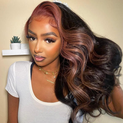 Dry Rose Highlight Ombre Color Wig 13x4 Transparent Lace Frontal Body Wave Hair Pre Plucked With Baby Hair - Geetahair - GeetaHair