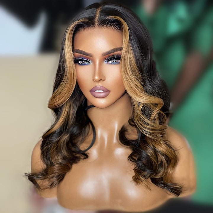 Skunk Stripe Highlight Wig Honey Blonde Body Wave Wig HD Lace Frontal Human Hair Wigs - GeetaHair