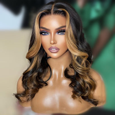 Skunk Stripe Highlight Wig Honey Blonde Body Wave Wig HD Lace Frontal Human Hair Wigs - GeetaHair