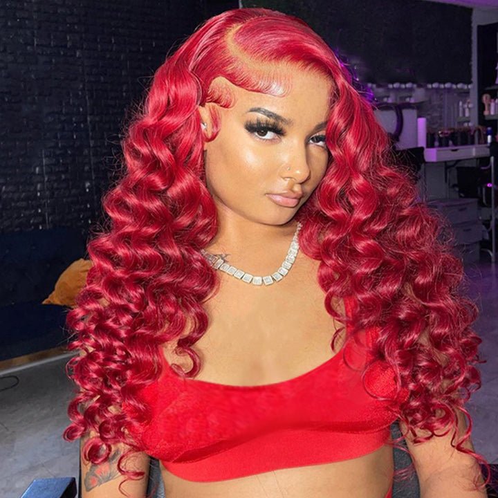 Red Loose Deep Wave Lace Front Wig Colored HD Transparent Lace Human Hair Wigs - GeetaHair