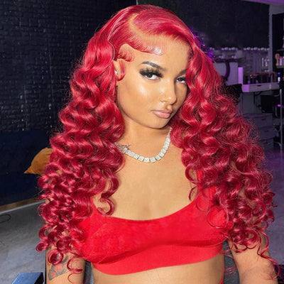 Red Loose Deep Wave Lace Front Wig Colored HD Transparent Lace Human Hair Wigs - GeetaHair