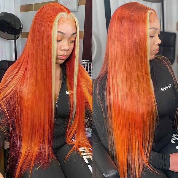 Tax Return Sale Ginger Color With #613 Blonde Streaks Skunk Stripe Wig Straight Hair Colored Wig Tranparent Lace Frontal 100% Virgin Human Hair Wig - Geeta Hair - GeetaHair