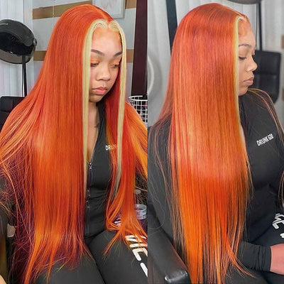 Tax Return Sale Ginger Color With #613 Blonde Streaks Skunk Stripe Wig Straight Hair Colored Wig Tranparent Lace Frontal 100% Virgin Human Hair Wig - Geeta Hair - GeetaHair