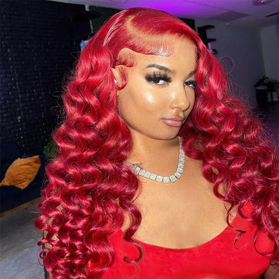 Tax Return Sale Red Loose Deep Wave Lace Front Wig Colored HD Transparent Lace Human Hair Wigs - GeetaHair