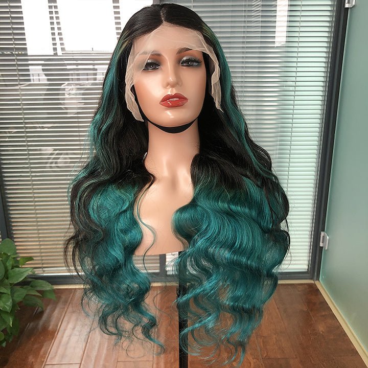 Skunk Stripe Hair Body Wave Lace Front Wig With Green Highlight HD Transparent Lace Human Hair Wigs - GeetaHair