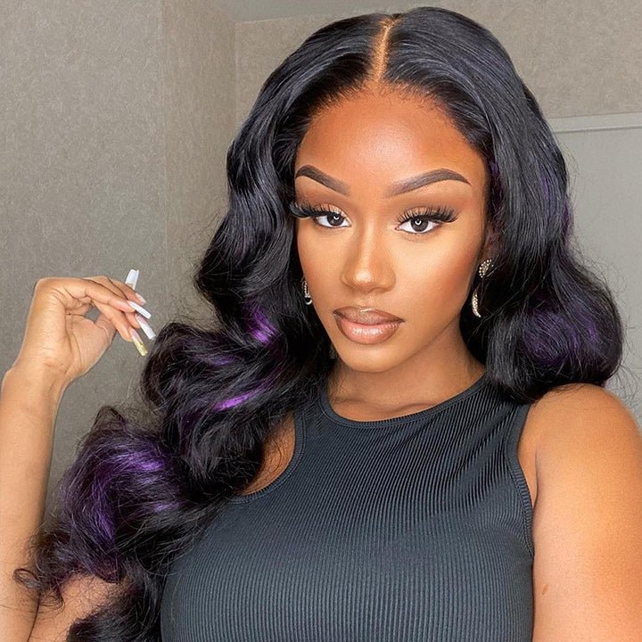 Skunk Stripe Hair Body Wave Lace Front Wig With Purple Highlight HD Transparent Lace Human Hair Wigs - GeetaHair