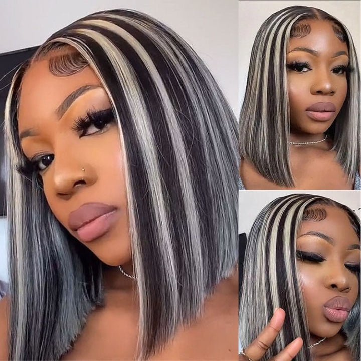 Platinum Highlight Grey 13x4/4x4 Lace Front Bob Wigs Highlights Color Brazilain Straight Human Hair Wigs - GeetaHair