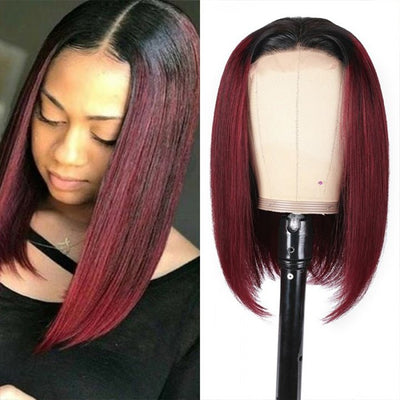 Straight Burgundy Glueless HD Lace Front Bob Wig with Black Roots 99j Colored Short Human Hair Bob Wigs - GeetaHair