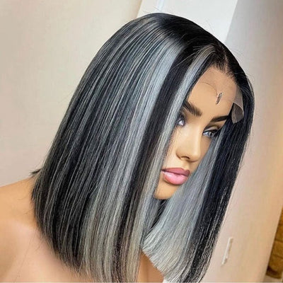 Platinum Highlight Grey 13x4/4x4 Lace Front Bob Wigs Highlights Color Brazilain Straight Human Hair Wigs - GeetaHair