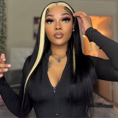 13x4 Lace Frontal Skunk Stripe Wig #613/Black Color Highlight Straight Hair Lace Front Wigs - GeetaHair - GeetaHair
