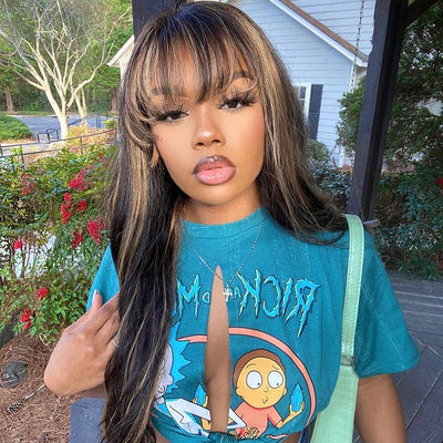 Highlight Brown Body Wave Human Hair Wigs with Bangs Colored HD Transparent Lace Wig - GeetaHair