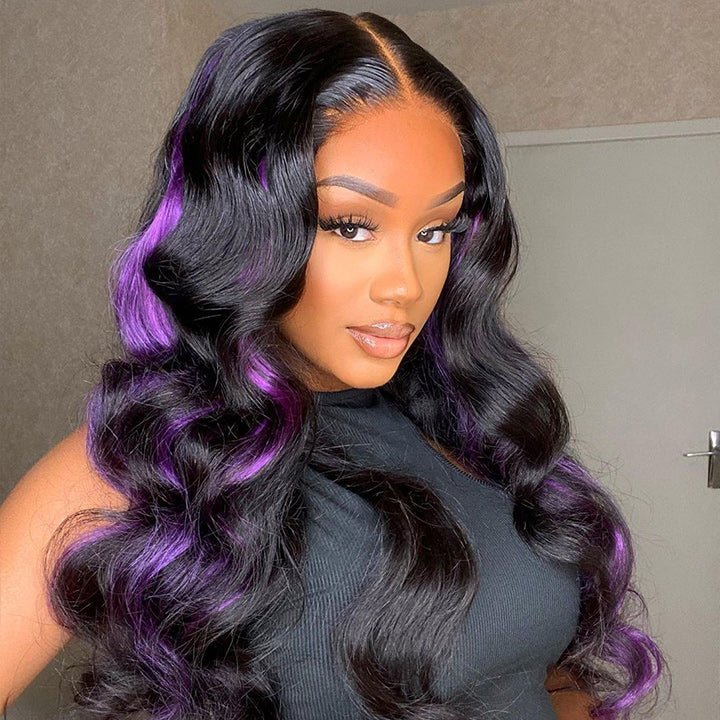 Skunk Stripe Hair Body Wave Lace Front Wig With Purple Highlight HD Transparent Lace Human Hair Wigs - GeetaHair