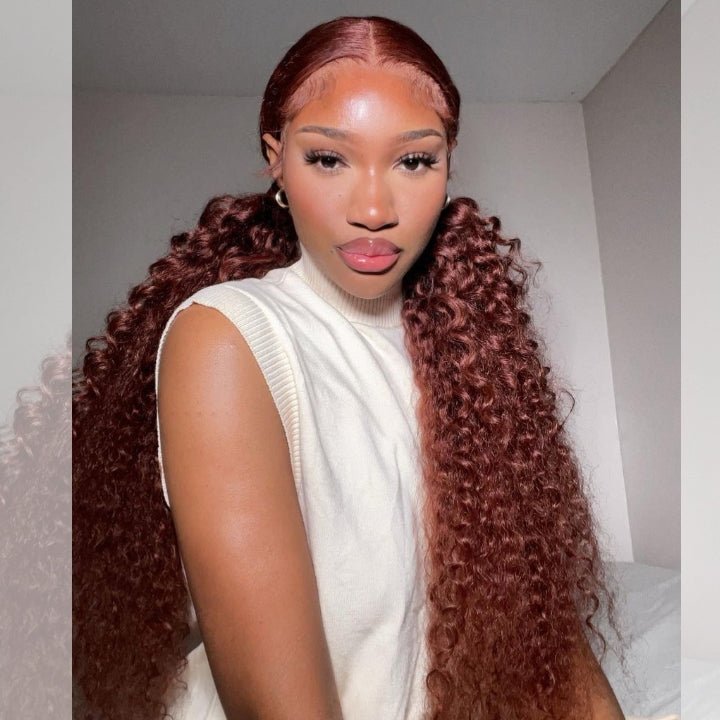 Reddish Brown Jerry Curly 13x4 HD Lace Front Wig Auburn Transparent Lace Human Hair Wigs - GeetaHair