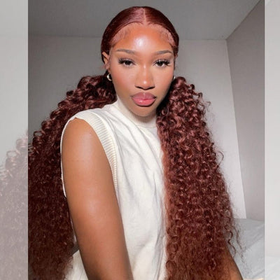 Reddish Brown Jerry Curly 13x4 HD Lace Front Wig Auburn Transparent Lace Human Hair Wigs - GeetaHair
