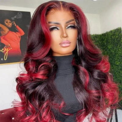 Geeta Hair Body Wave 13x4 HD Lace Highlight Wig Ombre Dark Burgundy Human Hair Frontal Wigs With Rose Red Highlights Pre Plucked Hairline - GeetaHair
