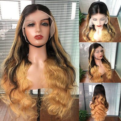 Skunk Stripe Hair Body Wave Lace Front Wig With Honey Blonde Highlight HD Transparent Lace Human Hair Wigs - GeetaHair