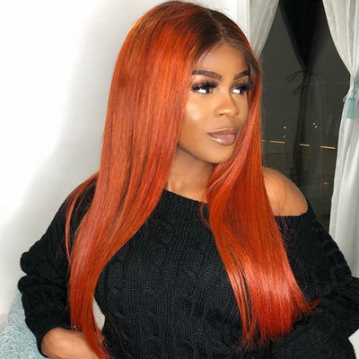 Ginger Color With Dark Roots Straight Lace Front Wig Colored Pre Plucked with Baby Hair Wigs - GeetaHair