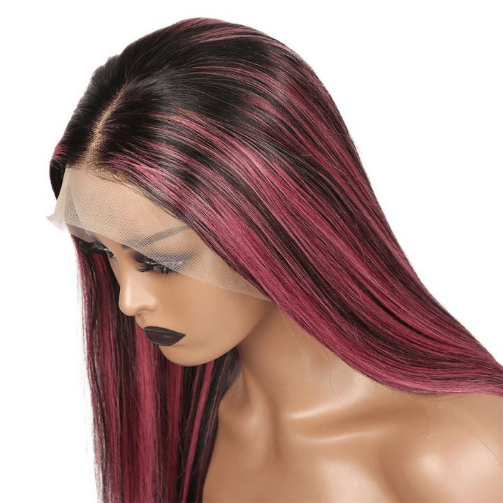 Highlight Purple Straight HD Transparent Lace Front Wig Highlights Pre Plucked Hairline Human Hair Wigs - GeetaHair
