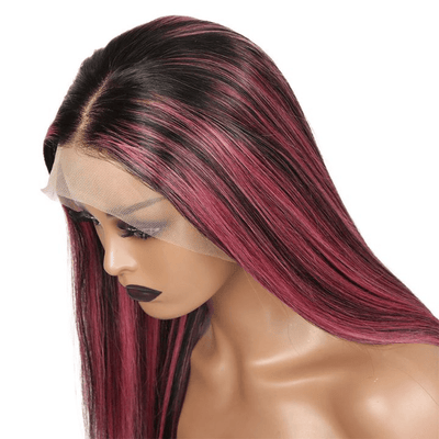 Highlight Purple Straight HD Transparent Lace Front Wig Highlights Pre Plucked Hairline Human Hair Wigs - GeetaHair