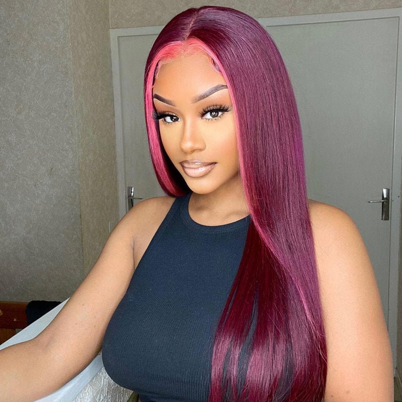 Stunk Stripe 13x4/4x4 HD Lace Wig 99J Burgundy Hair With Pink Streaks Highlight Straight Hair Lace Front Wig 100% Human Hair Lace Closure Wig - Geeta Hair - GeetaHair