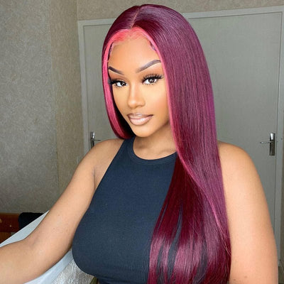 Stunk Stripe 13x4/4x4 HD Lace Wig 99J Burgundy Hair With Pink Streaks Highlight Straight Hair Lace Front Wig 100% Human Hair Lace Closure Wig - Geeta Hair - GeetaHair