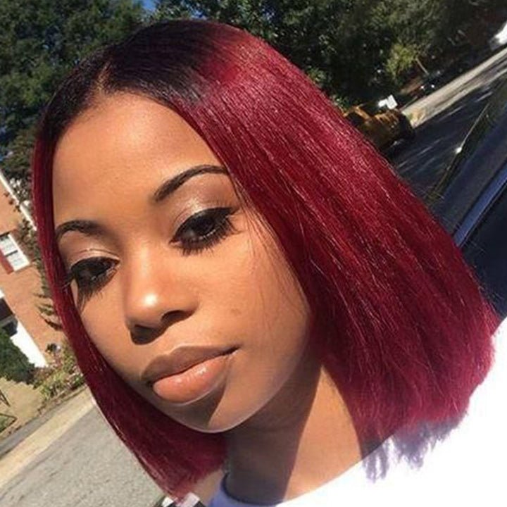 Straight Burgundy Glueless HD Lace Front Bob Wig with Black Roots 99j Colored Short Human Hair Bob Wigs - GeetaHair
