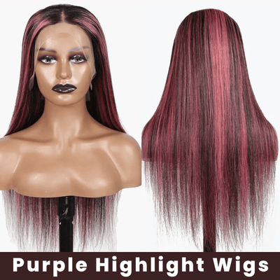 Highlight Purple Straight HD Transparent Lace Front Wig Highlights Pre Plucked Hairline Human Hair Wigs - GeetaHair