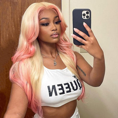 Skunk Stripe Hair Body Wave Lace Front Wig With Pink Highlight HD Transparent Lace Human Hair Wigs - GeetaHair