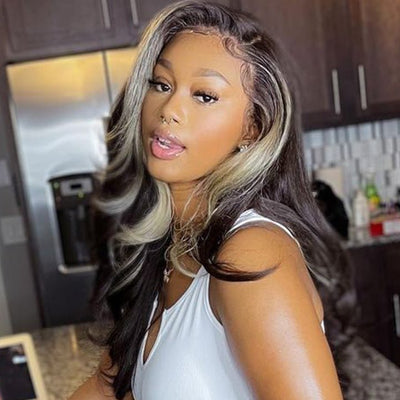 Skunk Stripe Hair Body Wave Lace Front Wig With Blonde Highlight HD Transparent Lace Human Hair Wigs - GeetaHair