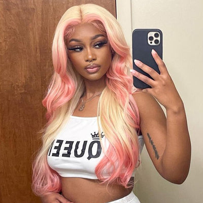 Skunk Stripe Hair Body Wave Lace Front Wig With Pink Highlight HD Transparent Lace Human Hair Wigs - GeetaHair