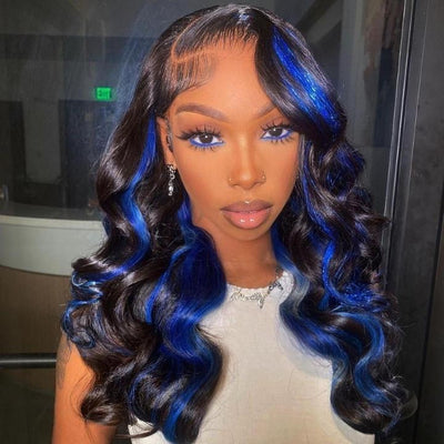 Funky Colored Wigs | Highlight Blue Body Wave Transparent Lace Front Color Wigs Glueless Human Hair Wigs For Women - Geeta Hair - GeetaHair
