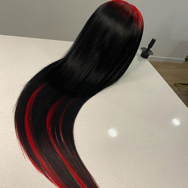 Sparkle Red Roots Long Straight Front Lace Wigs Colored Bone Straight Human Hair Wigs - GeetaHair