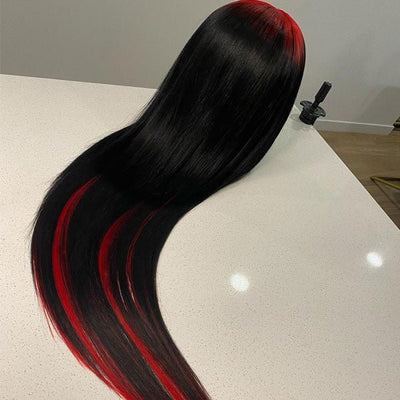 Sparkle Red Roots Long Straight Front Lace Wigs Colored Bone Straight Human Hair Wigs - GeetaHair