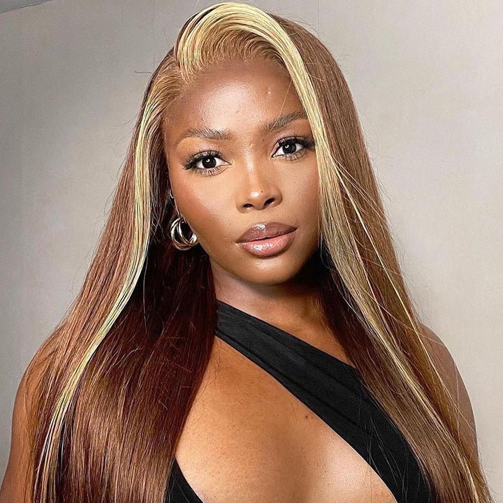 Skunk Stripe Highlight Blonde Lace Frontal Wig Colored Straight HD Lace Human Hair Wigs - GeetaHair