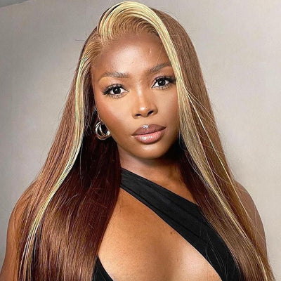 Skunk Stripe Highlight Blonde Lace Frontal Wig Colored Straight HD Lace Human Hair Wigs - GeetaHair