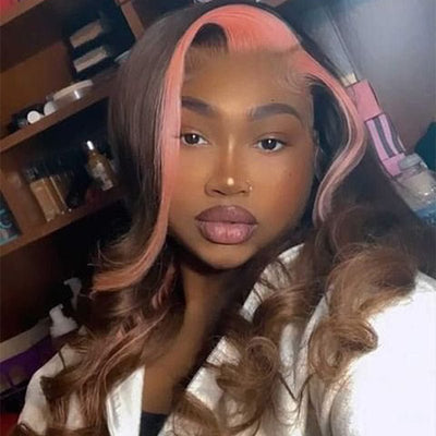Skunk Stripe 13x4 Lace Front Wig #4 Chocolate Color With Pink Streaks Straight Hair HD Lace Wig 100% Human Hair With Free Part Lace Frontal - Geetahair - GeetaHair