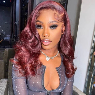 Burgundy Body Wave HD Lace Front Wig 99j Colored Glueless Pre Plucked Nature Hairline Human Hair Wigs - GeetaHair - GeetaHair