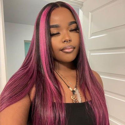 Highlight Purple Straight HD Transparent Lace Front Wig Highlights Pre Plucked Hairline Human Hair Wigs - GeetaHair