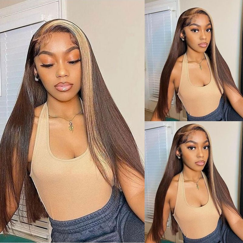 Straight Hair Skunk Stripe Wig 13x4 HD Lace Brown Hair With Honey Blonde Streaks Highlight Wigs Brazilian Human Hair Lace Front Wigs - GeetaHair - GeetaHair