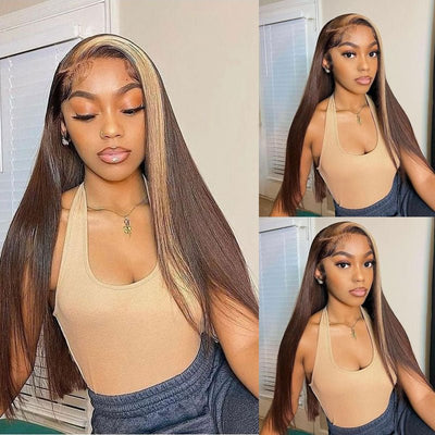 Straight Hair Skunk Stripe Wig 13x4 HD Lace Brown Hair With Honey Blonde Streaks Highlight Wigs Brazilian Human Hair Lace Front Wigs - GeetaHair - GeetaHair