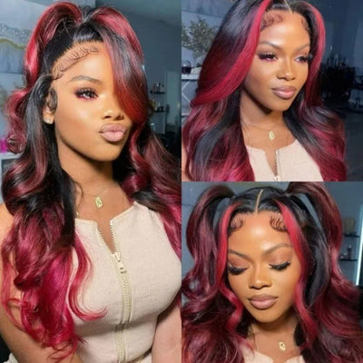 Geeta Hair Body Wave 13x4 HD Lace Highlight Wig Ombre Dark Burgundy Human Hair Frontal Wigs With Rose Red Highlights Pre Plucked Hairline - GeetaHair