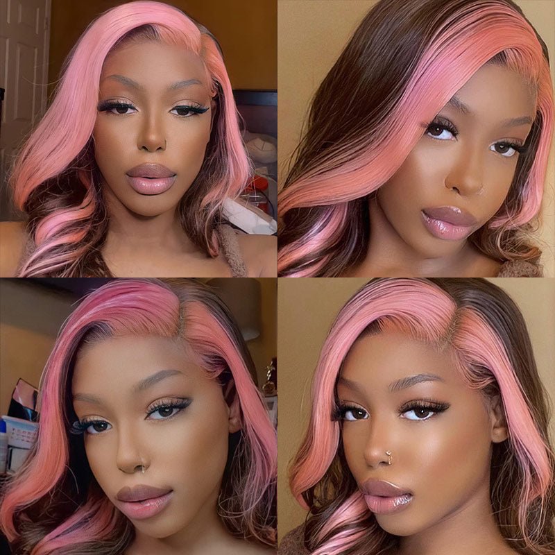 Skunk Stripe 13x4 Lace Front Wig #4 Chocolate Color With Pink Streaks Straight Hair HD Lace Wig 100% Human Hair With Free Part Lace Frontal - Geetahair - GeetaHair