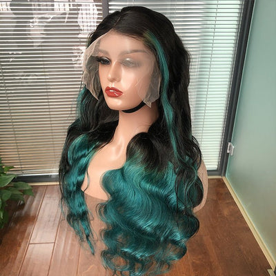 Skunk Stripe Hair Body Wave Lace Front Wig With Green Highlight HD Transparent Lace Human Hair Wigs - GeetaHair