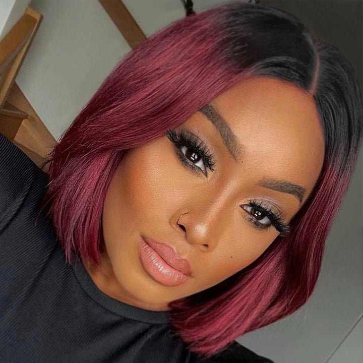 Straight Burgundy Glueless HD Lace Front Bob Wig with Black Roots 99j Colored Short Human Hair Bob Wigs - GeetaHair